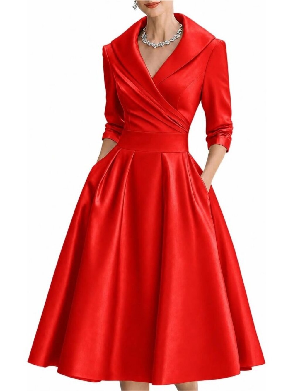Women's Red Wrap Long Sleeve V-Neck Silky Casual Elegant Midi Church Dress